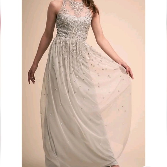 Anthropologie BHLDN GINNY SEQUIN FLOWER EMBELLISH TULLE MAXI DRESS GREY 10 - Picture 1 of 14